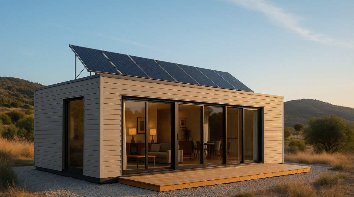 Modern light-steel prefab home with solar panels in Mediterranean hillside