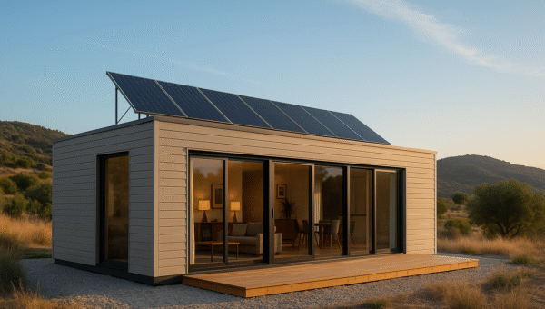 Modern light-steel prefab home with solar panels in Mediterranean hillside